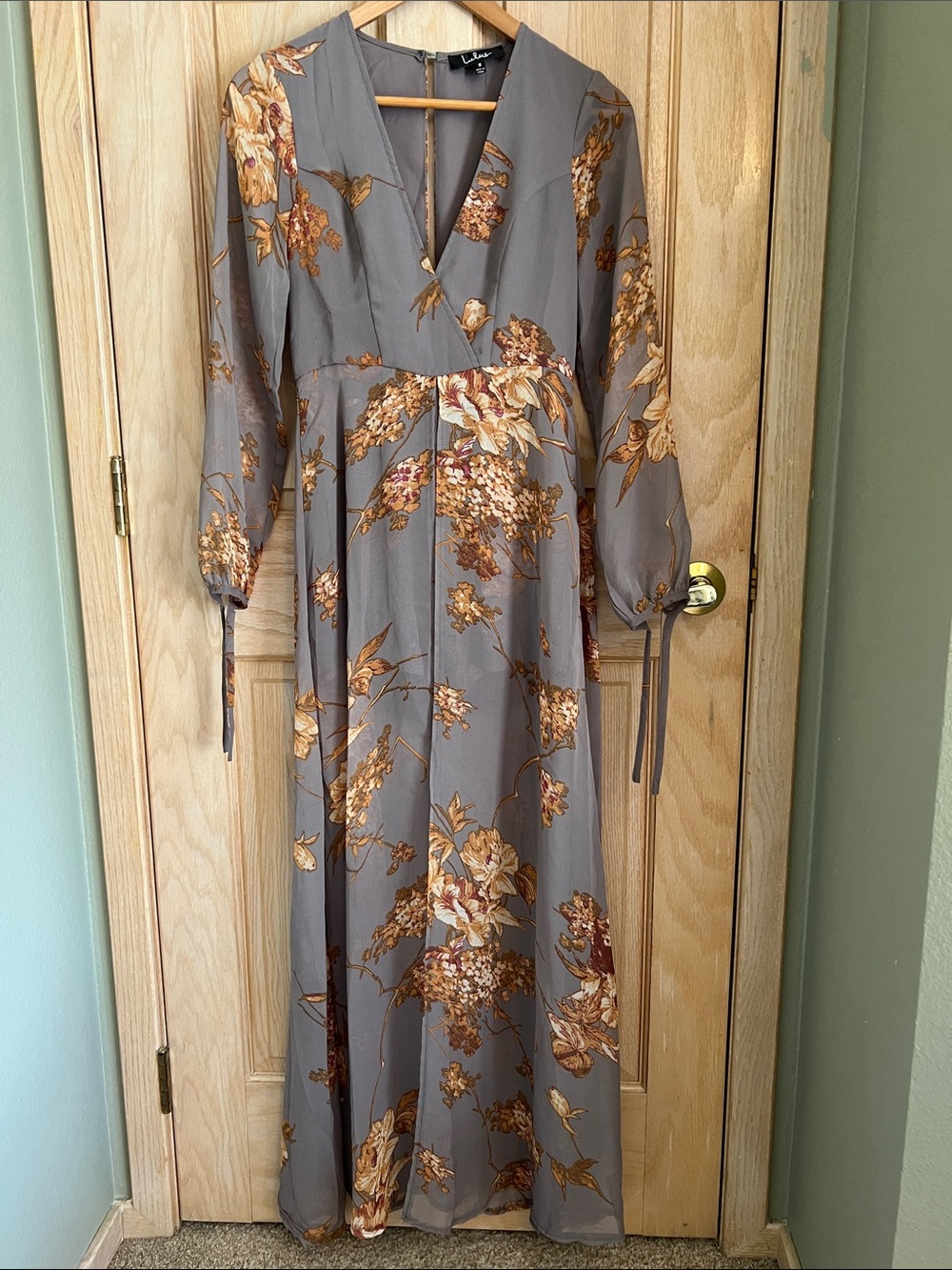 Lulu's Taupe Floral Long Sleeve Maxi Dress